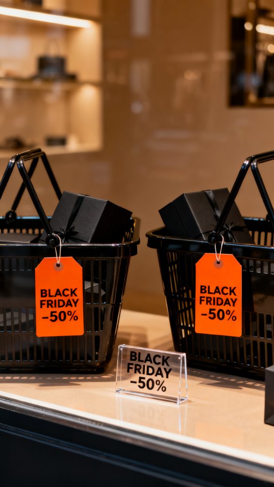 Cestos de compras pretos com caixas negras e etiquetas laranja Black Friday -50%