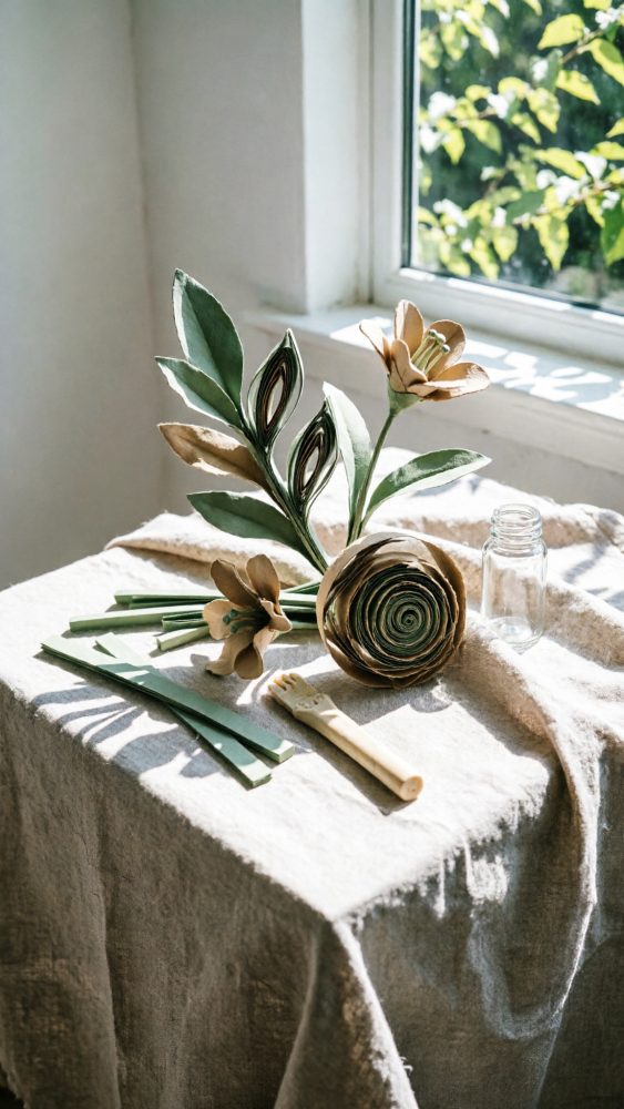 Flores artesanais de papel em tons naturais junto a janela e tecido bege