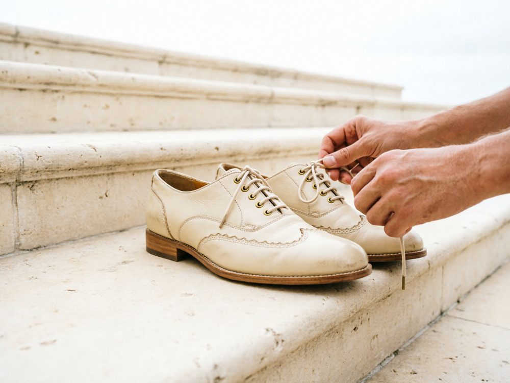 Mãos masculinas amarrando sapatos de couro bege colocado numa escadaria de pedra clara