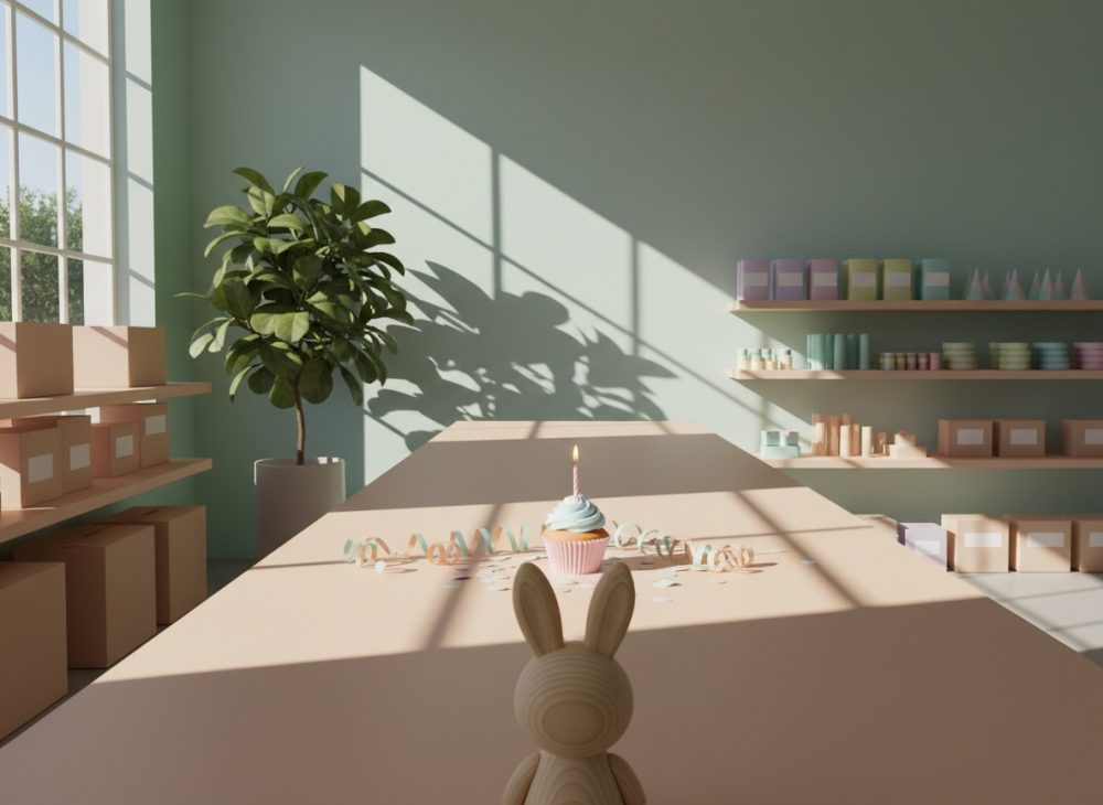Mesa festiva com cupcake e decoração suave em ambiente iluminado com plantas e prateleiras