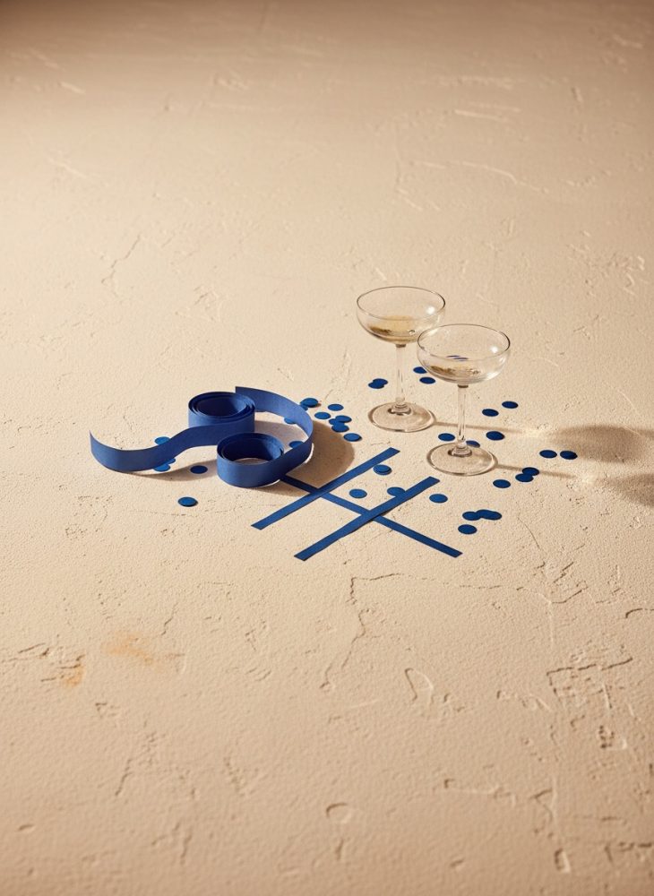 Mesa festiva com copos de cocktail, fita azul, confetis e jogo da velha em fita