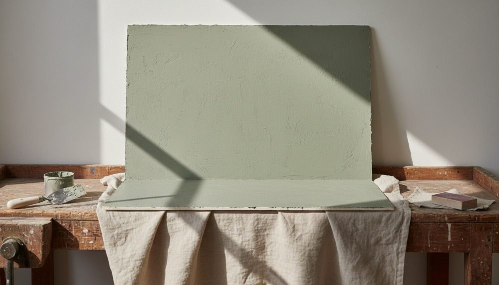 Painel verde pastel texturizado sobre bancada rústica de madeira com ferramentas de pintura