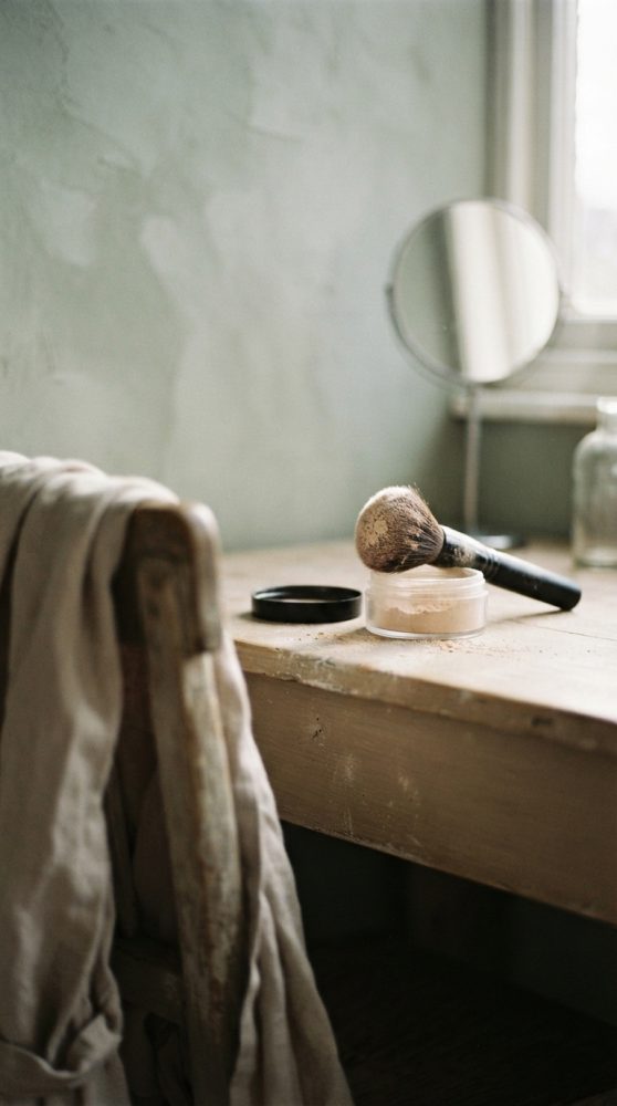 Pincel de maquilhagem e pó facial em móvel de madeira com espelho redondo e luz suave