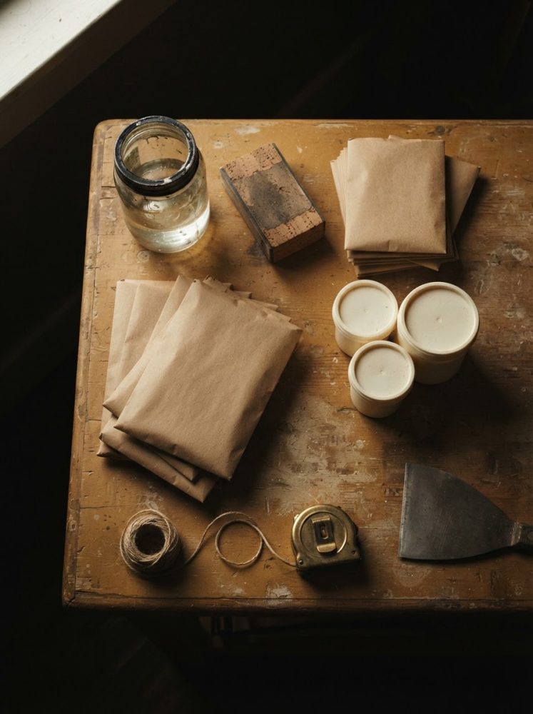 Mesa de madeira com materiais de bricolage: frasco, corda, pacotes de tecido e ferramentas