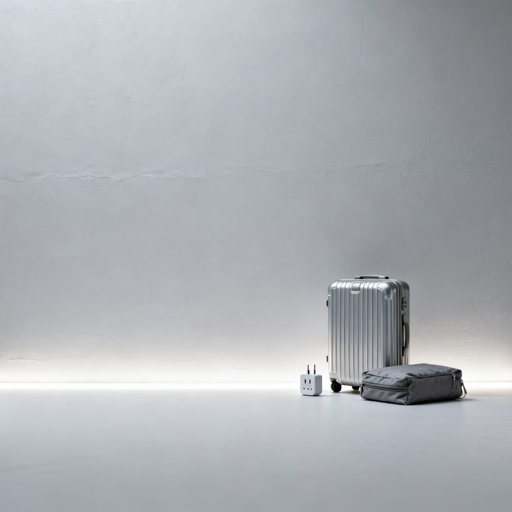 Mala de viagem prateada com rodas, bolsa cinzenta e adaptador de tomada branco num fundo branco minimalista