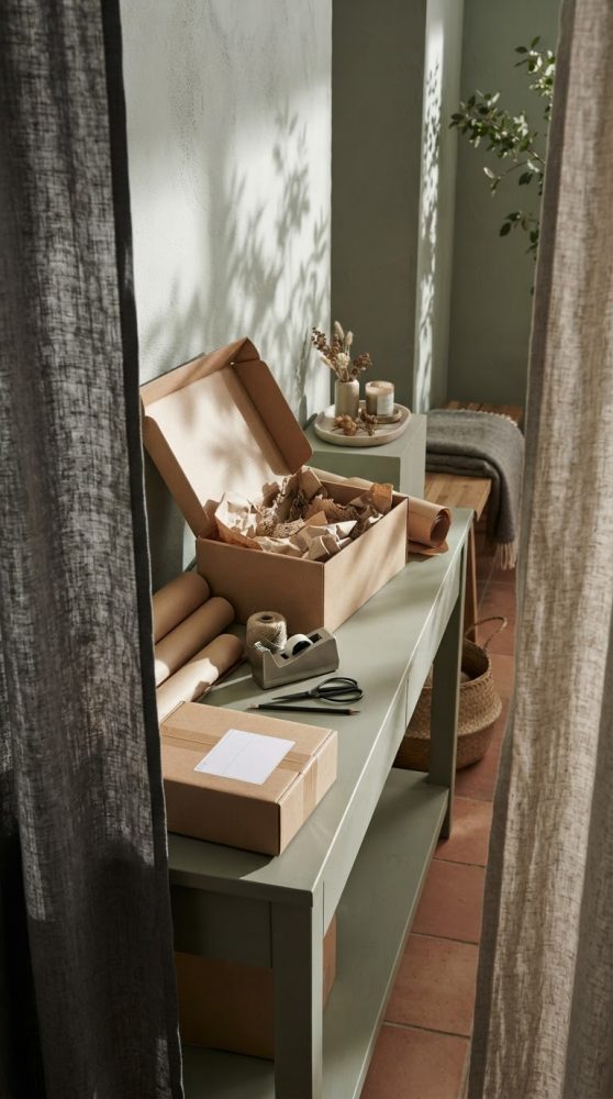 Mesa com caixas de cartão abertas com papel de embrulho, rolos de papel, fita adesiva e tesoura