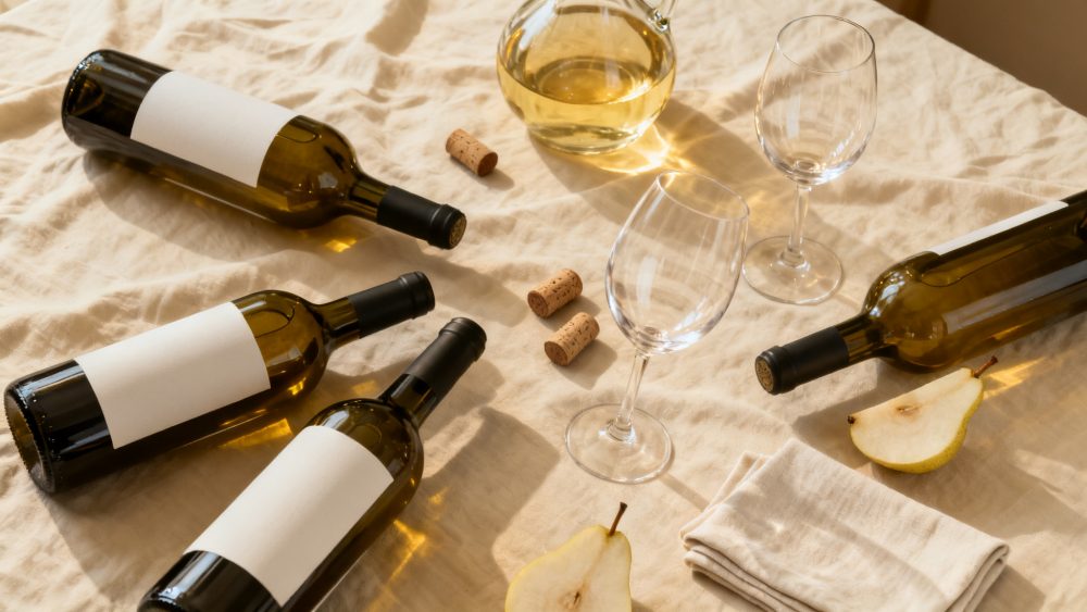 Garrafas de vinho branco com copos, rolhas e peras sobre pano bege iluminado natural
