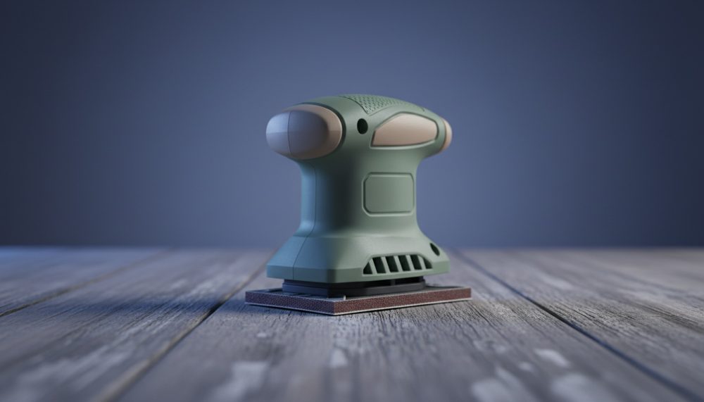 Lixadora elétrica compacta verde sobre superfície de madeira rústica para bricolage
