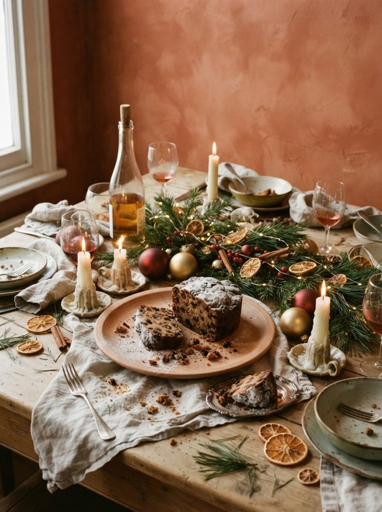 Mesa de Natal rústica com bolo de frutas, velas acesas e decoração festiva verde com bolas douradas e vermelhas