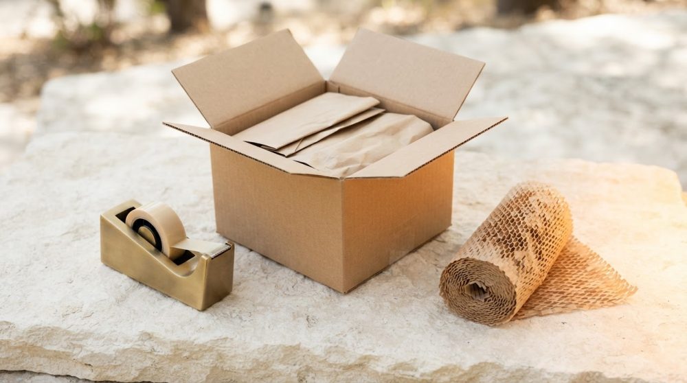 Caixa de cartão aberta com papel kraft, fita adesiva em suporte dourado e papel bolha ecológico