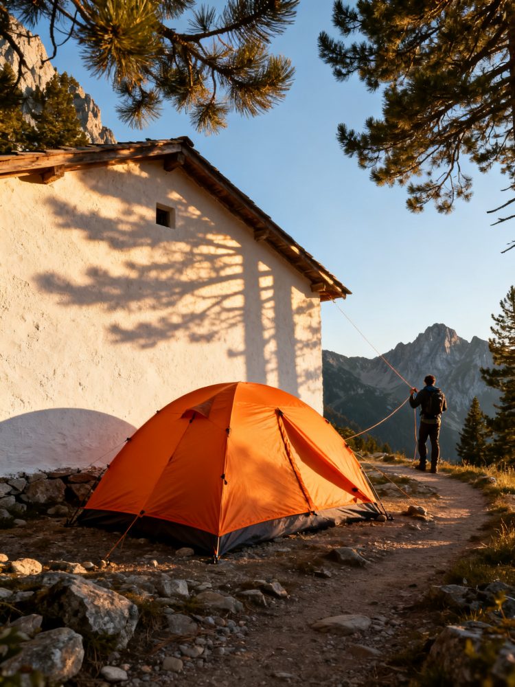 Tenda laranja perto de casa rústica com montanhas ao fundo ao entardecer
