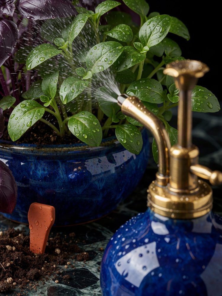 Regador dourado a pulverizar plantas verdes num vaso azul com gotas de água