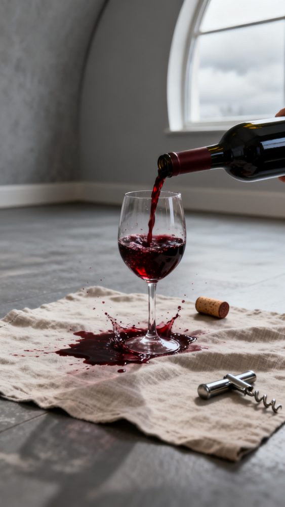 Vinho tinto a ser derramado numa taça com vinho espalhado num pano bege sobre chão escuro
