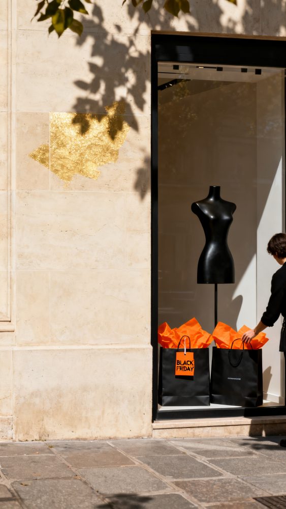 Montra de loja com manequim preto e sacos de compras Black Friday com papel laranja