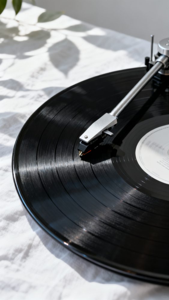 Gira-discos a tocar disco de vinil preto com agulha posicionada em luz natural