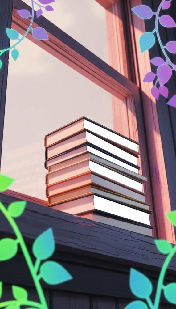 Pilhas de livros junto a janela de madeira com folhas decorativas coloridas à volta