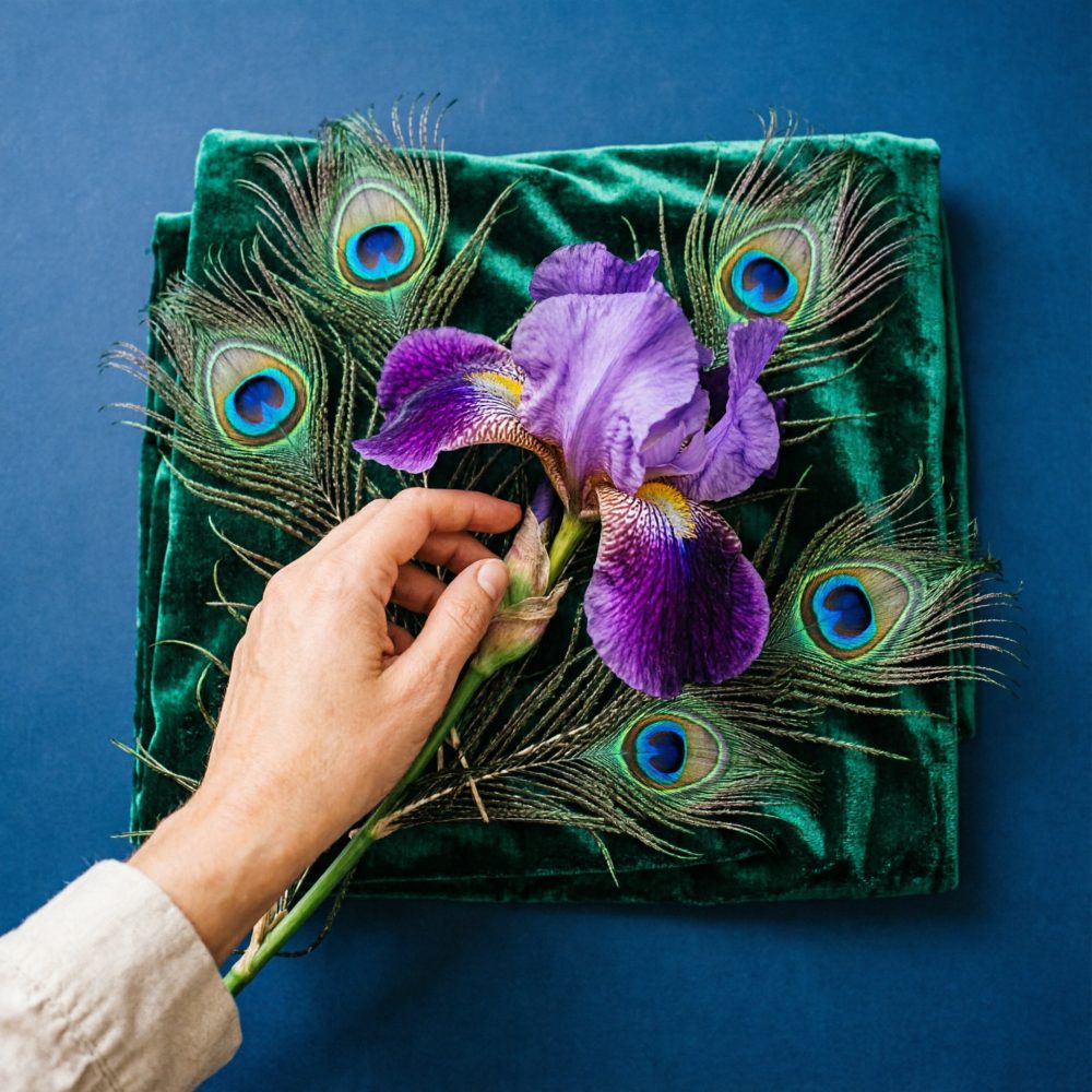 Mão segurando flor de íris roxa sobre penas de pavão e tecido verde com fundo azul