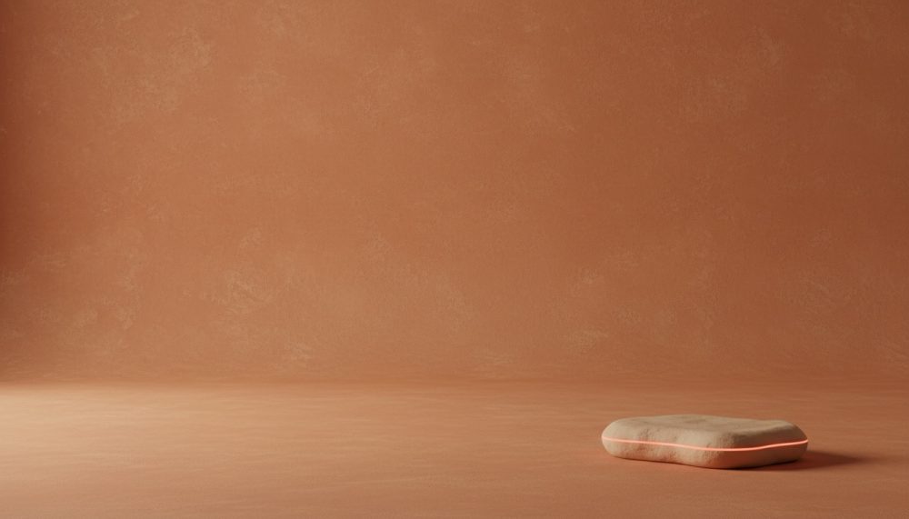 Fundo e superfície terrosos minimalista com almofada neutra iluminada no chão