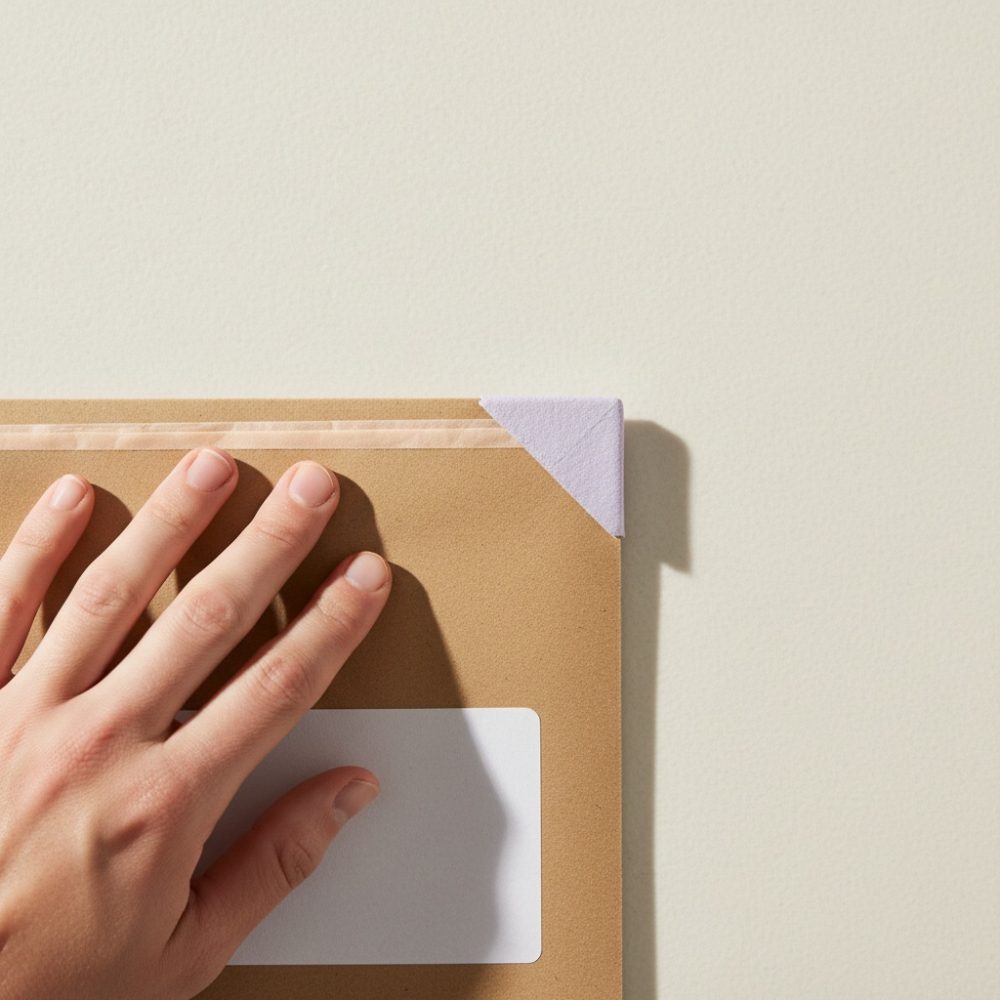 Mão sobre envelope castanho com cantos protectores para envio em fundo claro