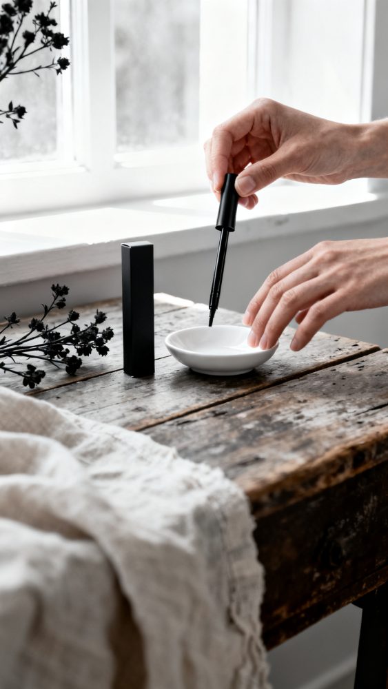 Mãos segurando aplicador de delineador preto sobre prato branco em mesa rústica perto de janela