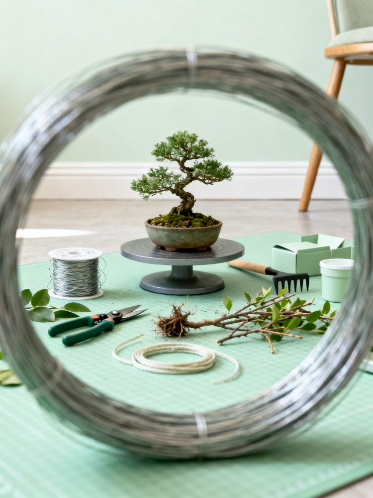 Kit de jardinagem para bonsai com arame, tesoura, enxada e planta em vaso sobre tapete verde