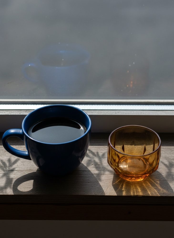 Chávena azul com café e copo âmbar lado a lado em parapeito de janela com sombra suave