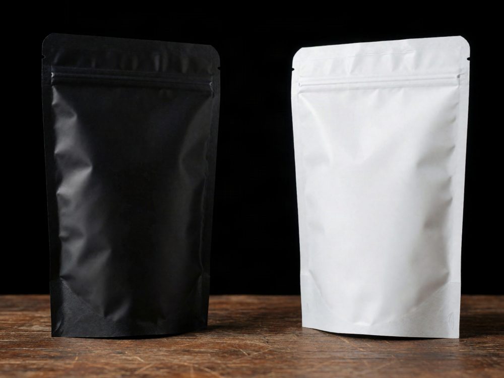Sacos de embalagem stand-up preto e branco sobre superfície de madeira e fundo preto
