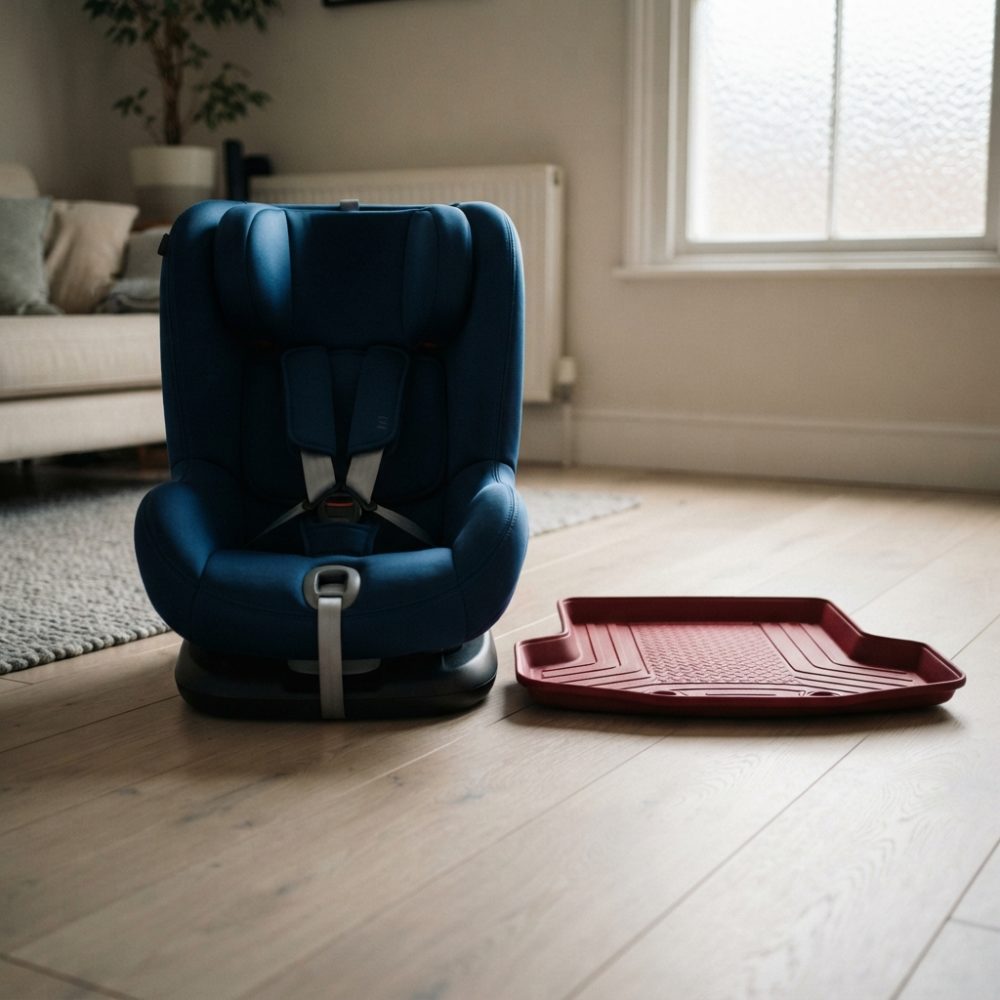 Cadeira azul para automóvel com cintos e tapete vermelho em chão de madeira interior