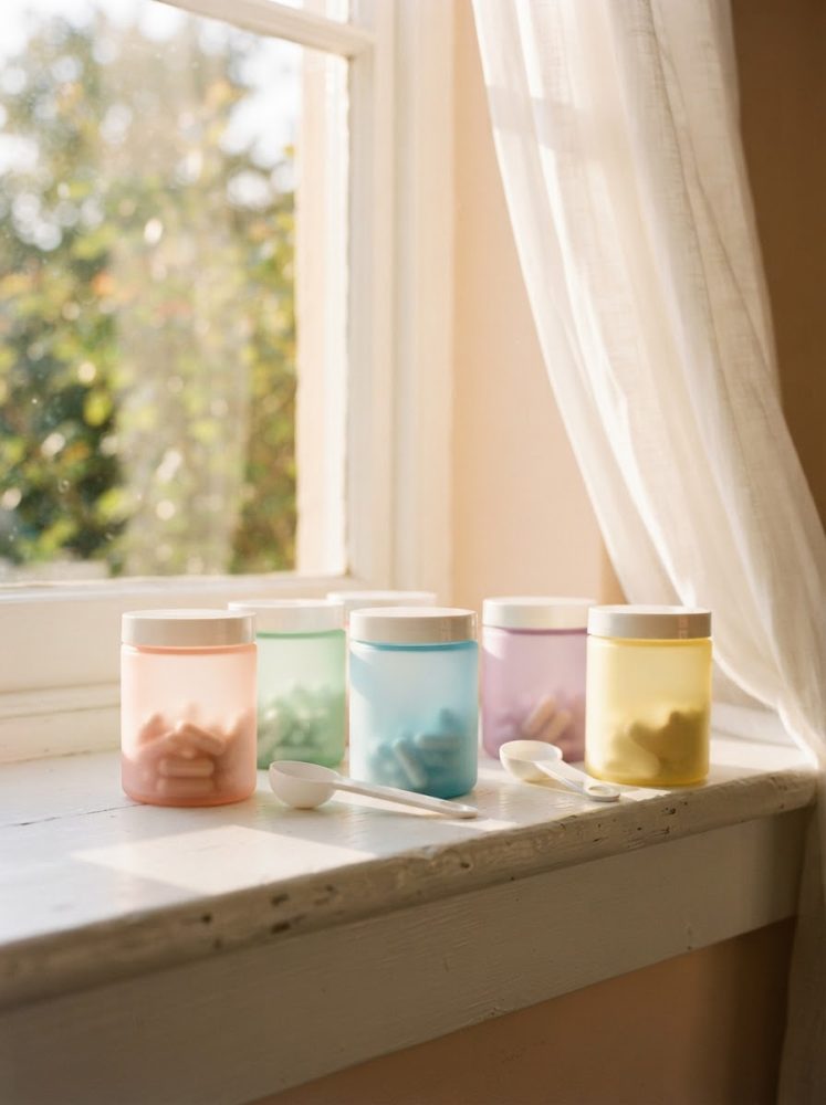 Cinco frascos coloridos de suplementos com cápsulas numa janela com luz natural e cortina branca