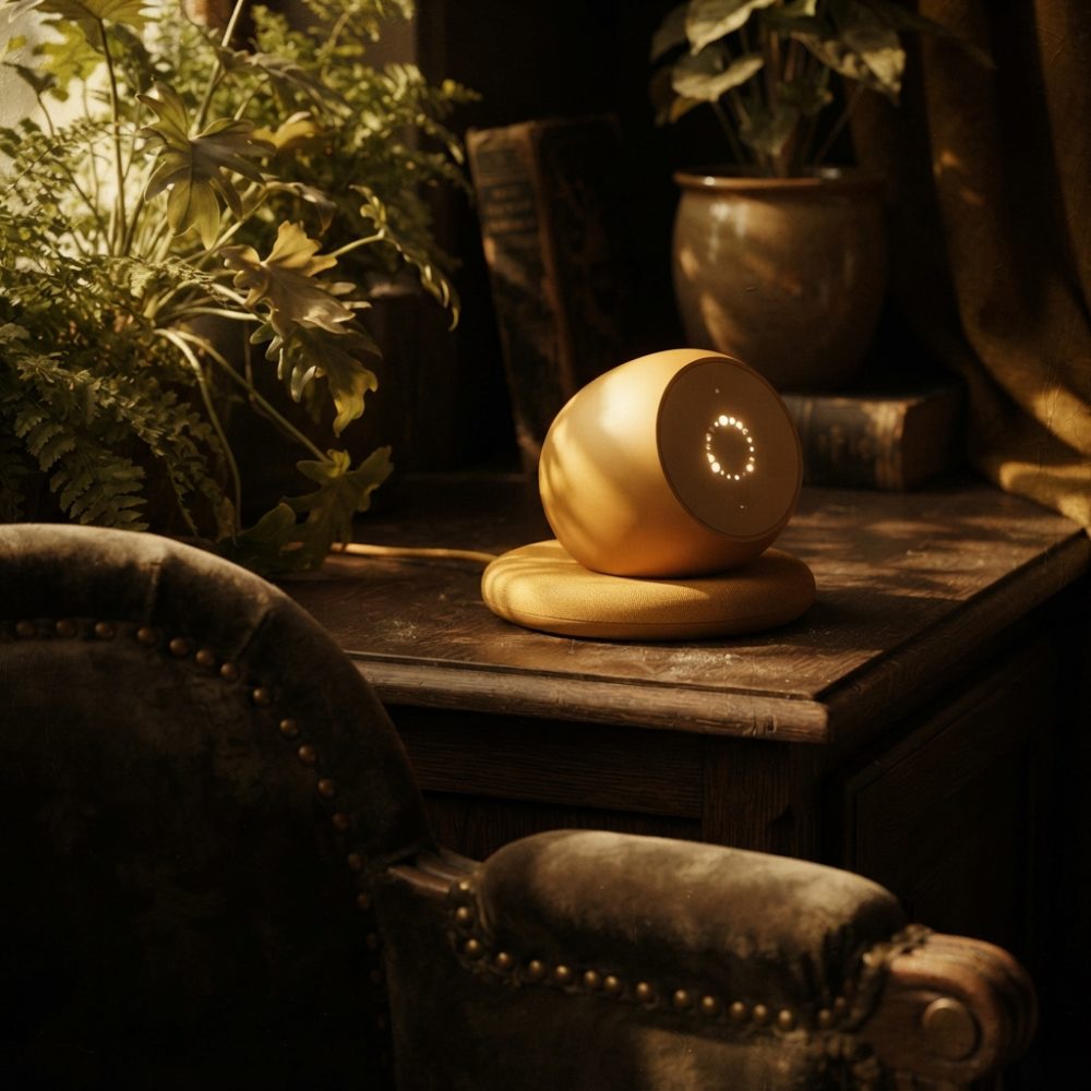 Dispositivo tecnológico dourado iluminado sobre mesa de madeira, rodeado por plantas e decoração vintage.