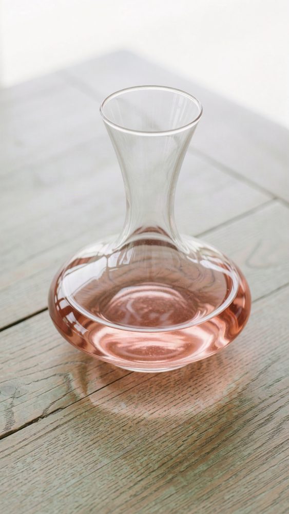 Decantador de vidro com vinho rosé claro sobre mesa de madeira clara rústica