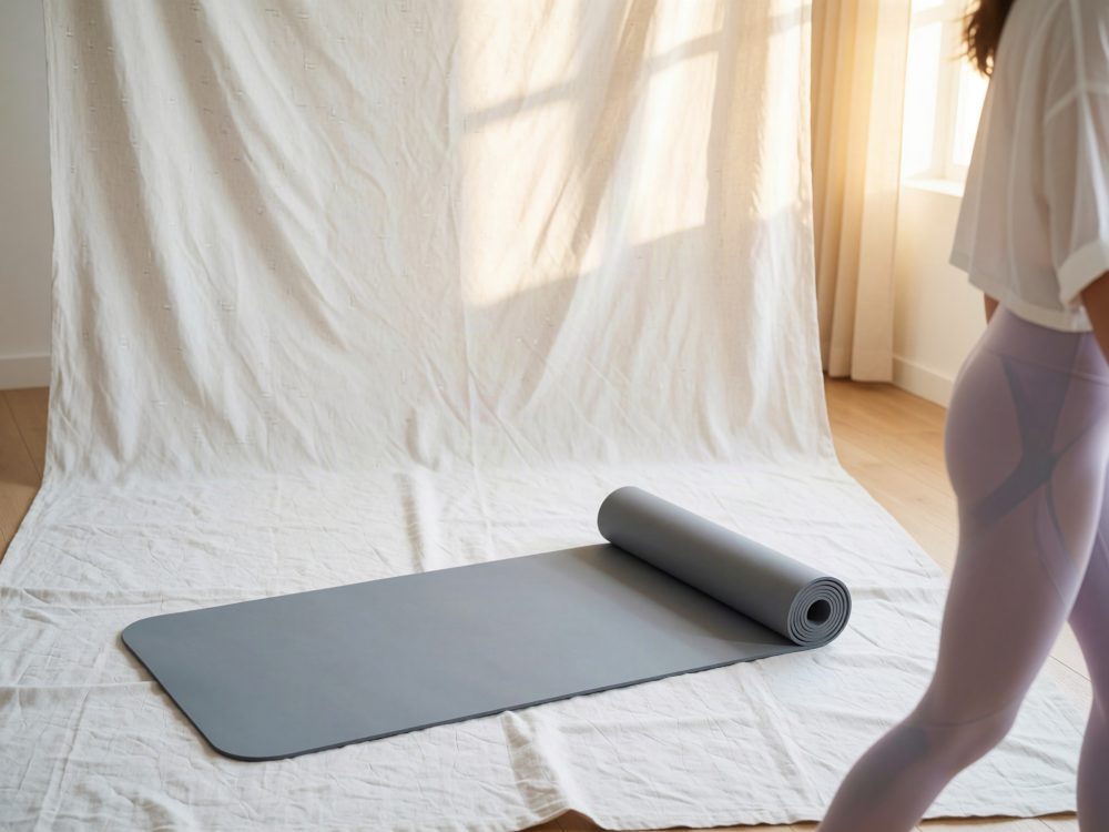 Tapete de yoga cinzento desenrolado em sala iluminada com pessoa parcialmente visível ao lado