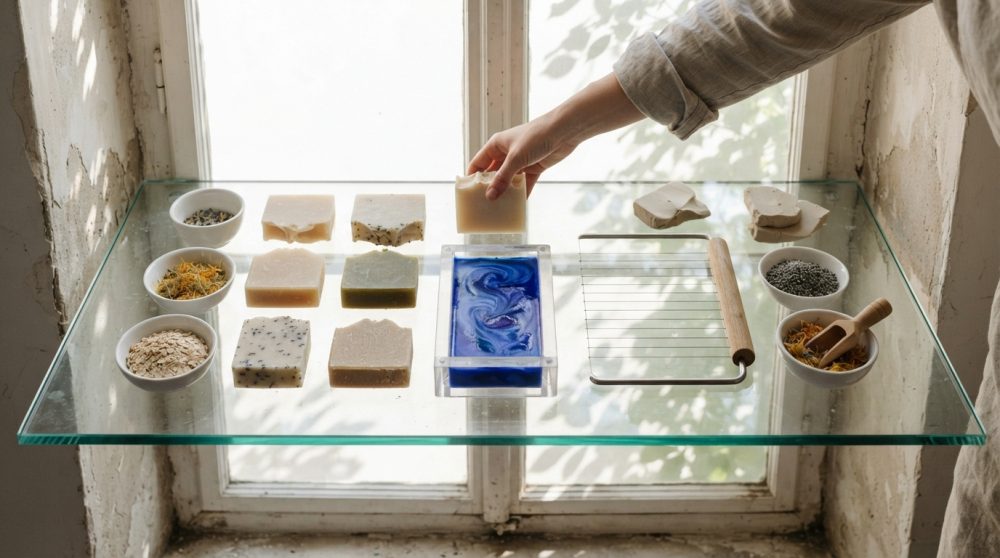 Sabonetes artesanais naturais com ingredientes e utensílios sobre mesa de vidro iluminada por luz natural