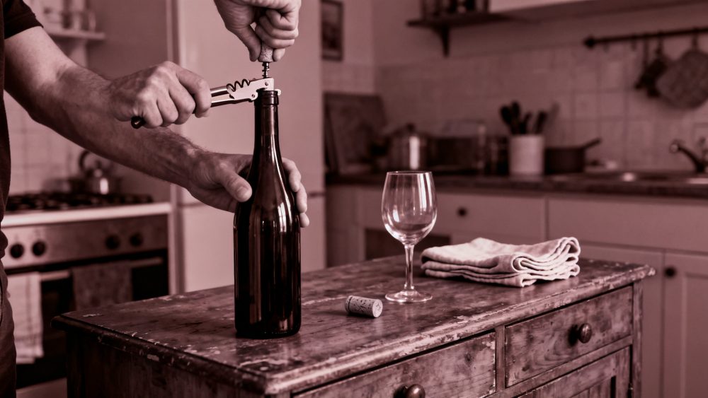 Mãos a abrir garrafa de vinho tinto com saca-rolhas sobre mesa de madeira, copo e pano dobrado ao lado