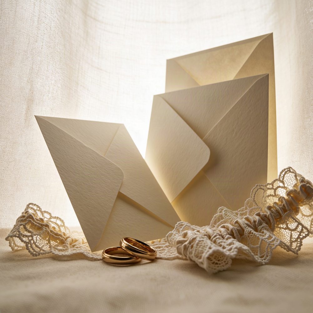 Envelopes de convite de casamento com anéis dourados e renda branca
