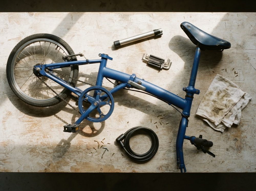 Bicicleta dobrável azul desmontada com ferramentas e pano sobre bancada clara