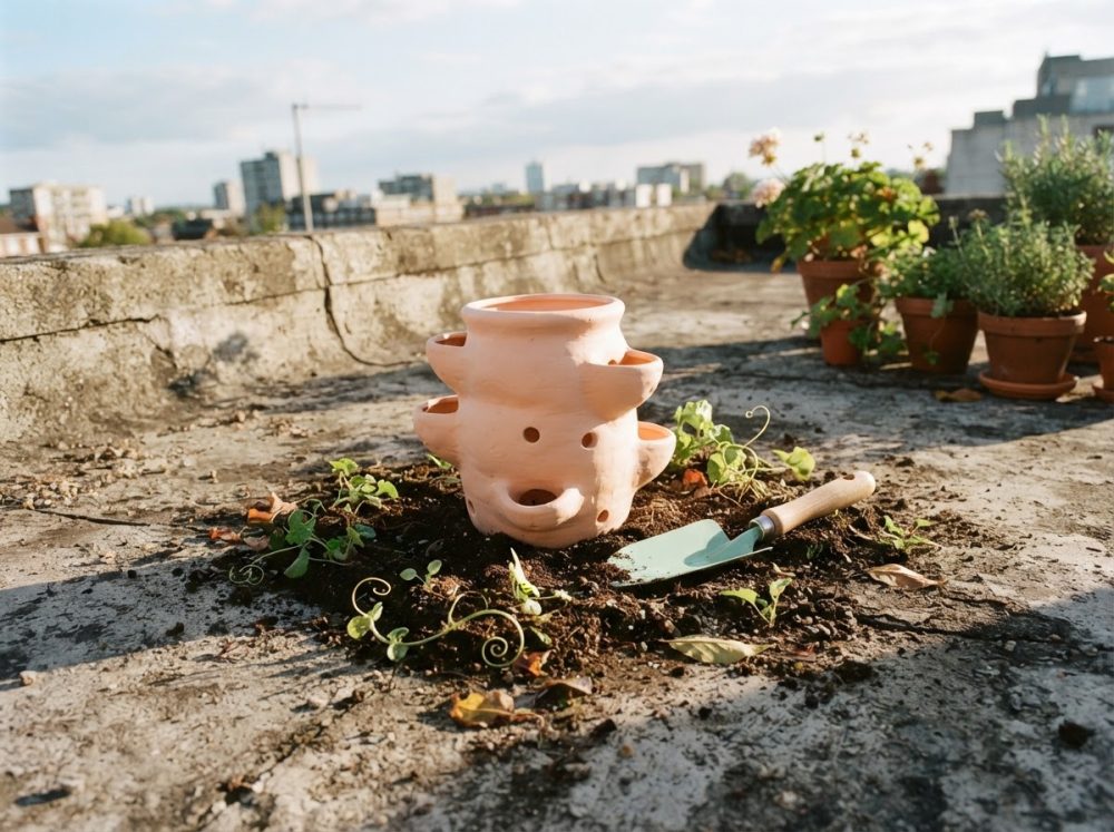 Vaso de barro com vários orifícios, terra e enxada pequena em terraço urbano com vasos ao fundo