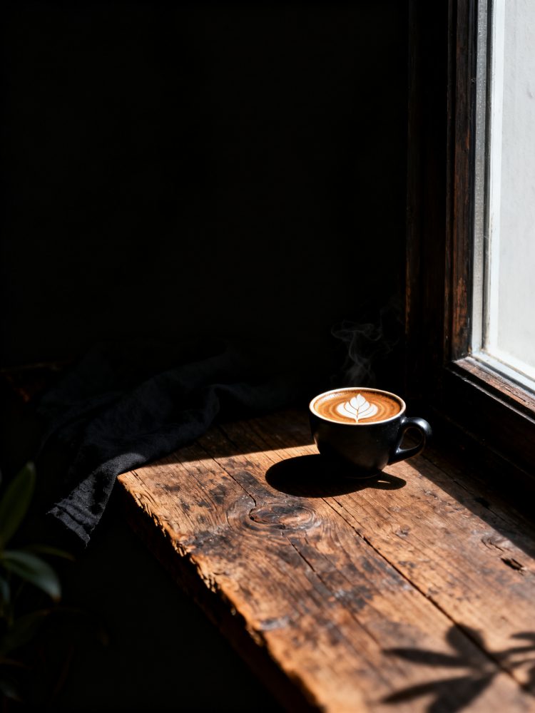 Chávena preta com café latte e arte em espuma numa mesa rústica junto a uma janela iluminada