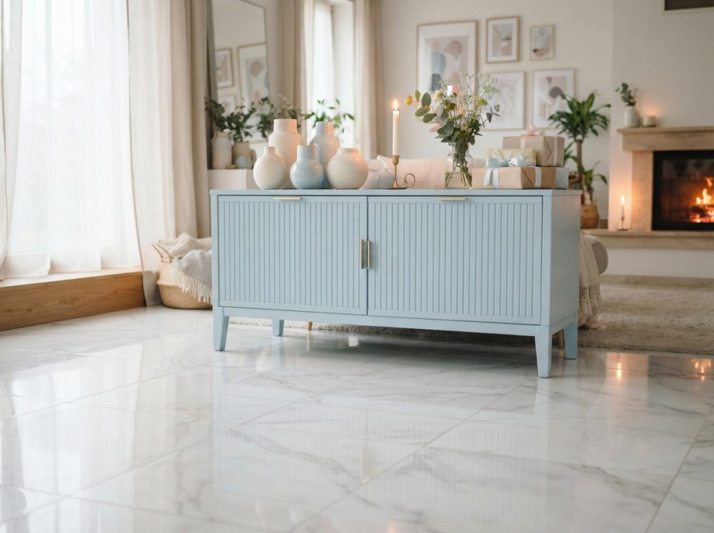 Aparador azul claro com vasos, velas e flores numa sala luminosa com chão em mármore e lareira acesa