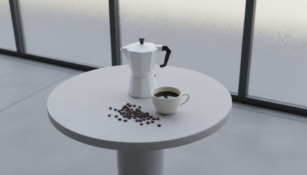 Mesa redonda com cafeteira moka branca, chávena de café e grãos de café ao lado de janela fosca