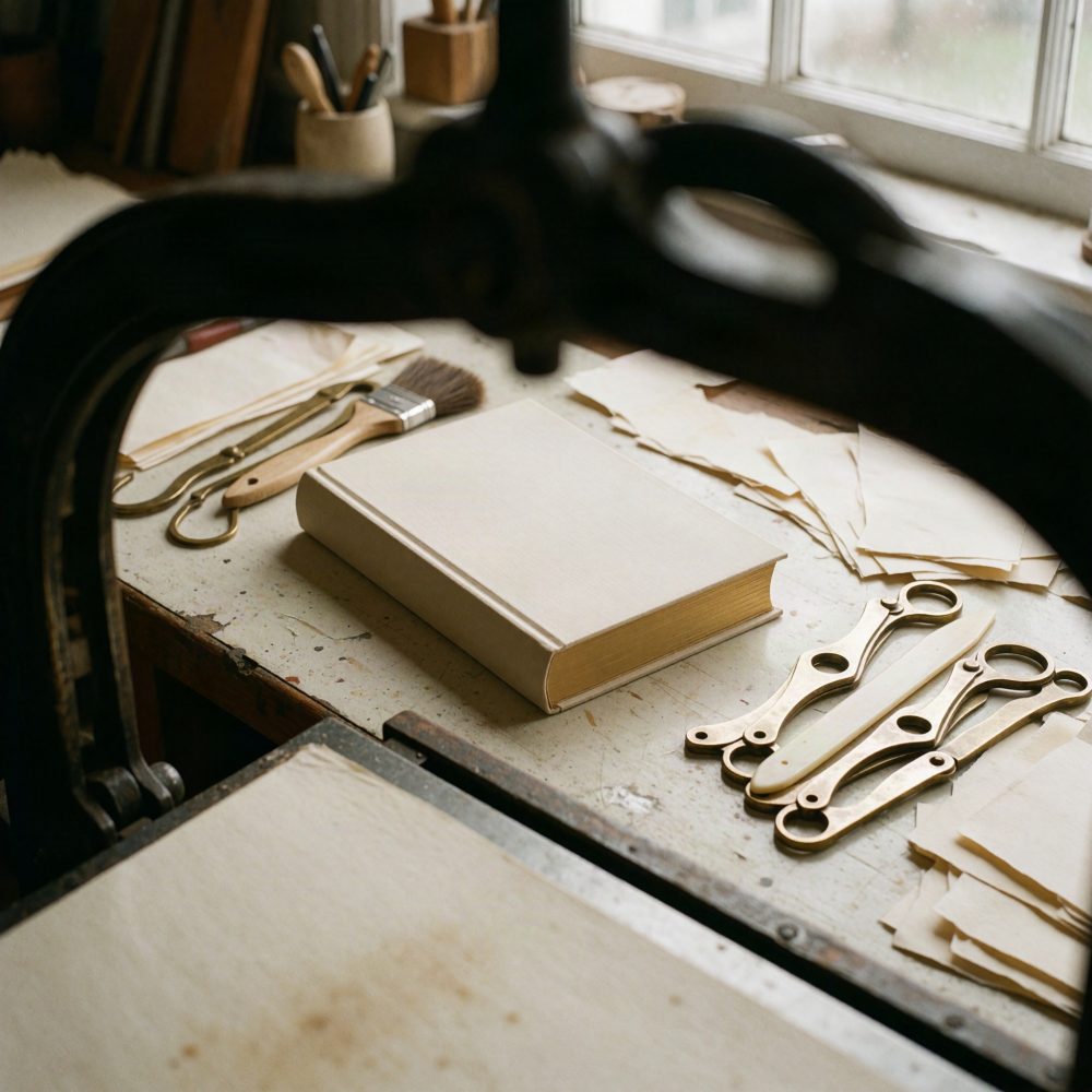 Livro bege fechado sobre mesa antiga com papéis e utensílios vintage