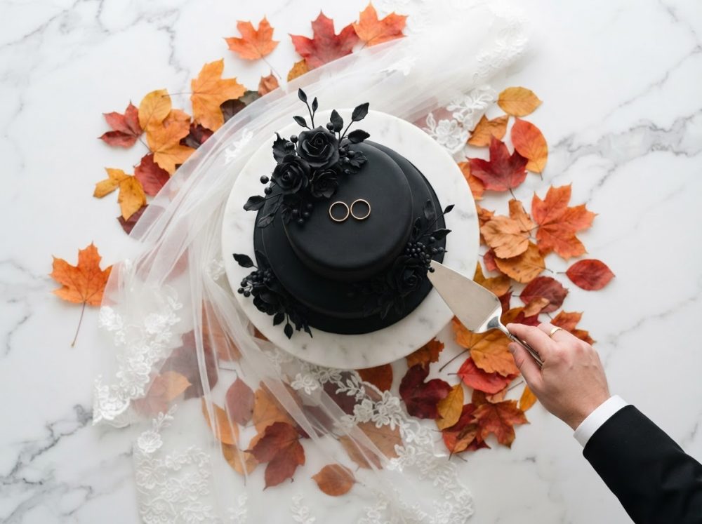 Bolo de casamento preto decorado com flores negras, alianças douradas e folhas de outono