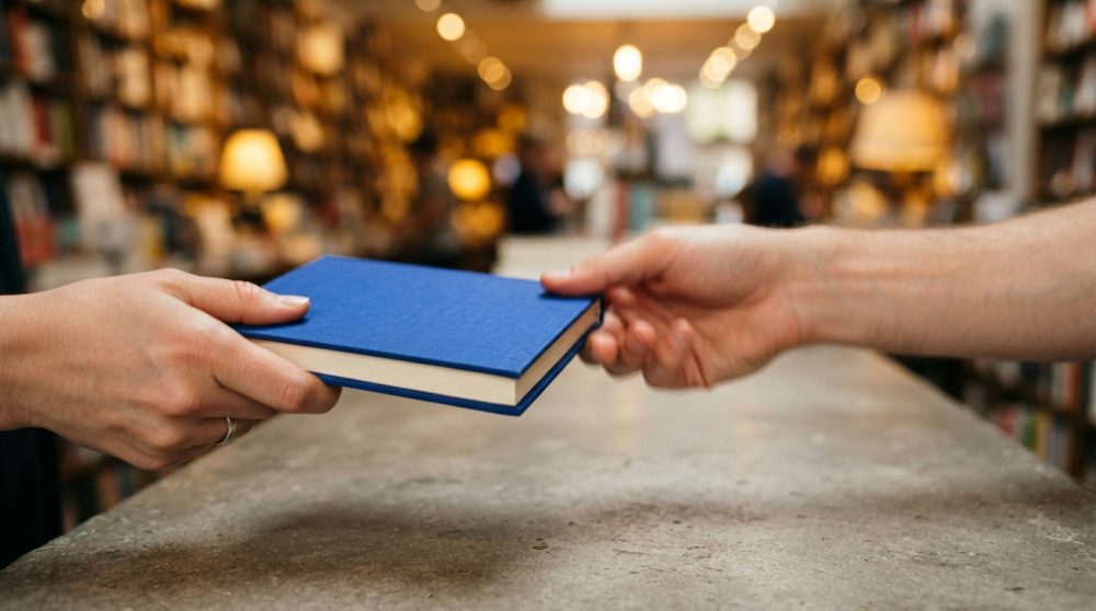 Duas mãos trocando um livro azul sobre balcão numa livraria com estantes desfocadas ao fundo