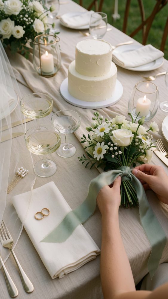 Mesa de casamento com bolo branco, arranjo floral, velas acesas e mãos segurando bouquet