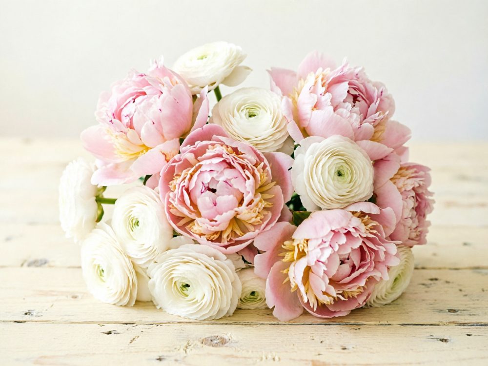Bouquet de peónias rosa e ranúnculos brancos sobre madeira clara