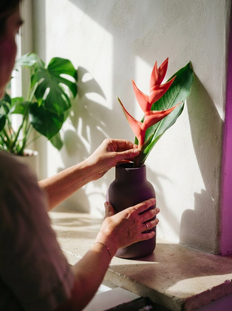 Mãos a colocar flor tropical vermelha em vaso escuro junto a parede iluminada
