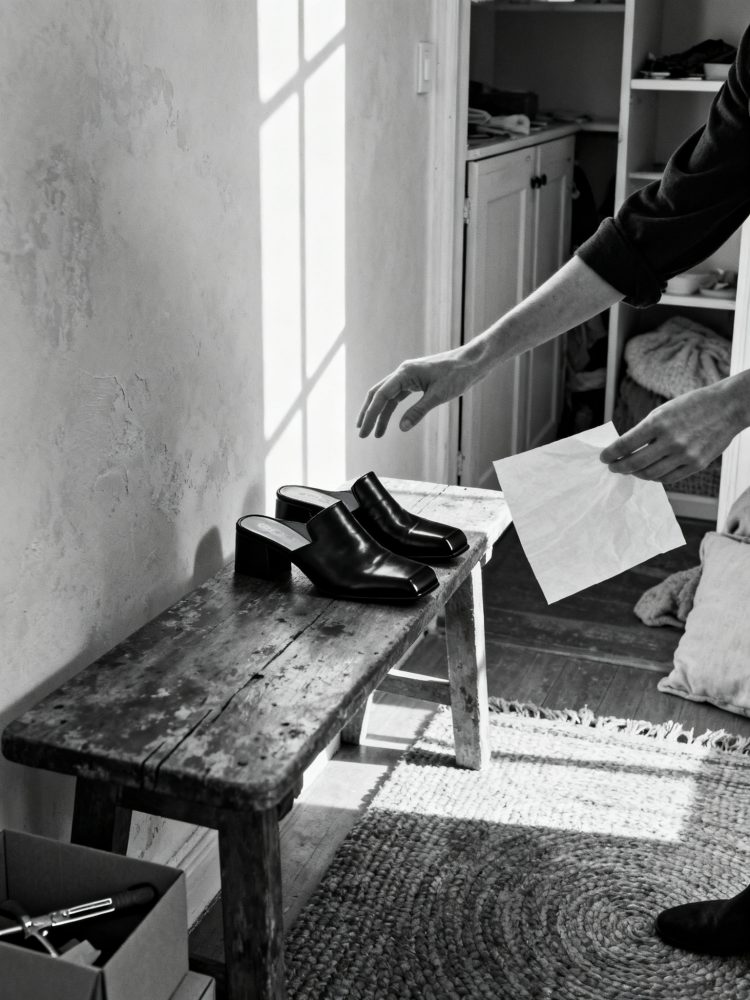 Sapatos pretos de salto médio em pele num banco de madeira rústica com luz natural suave
