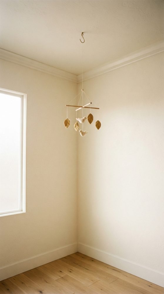 Móvel suspenso com pássaros e folhas decorativas num canto de quarto de bebé