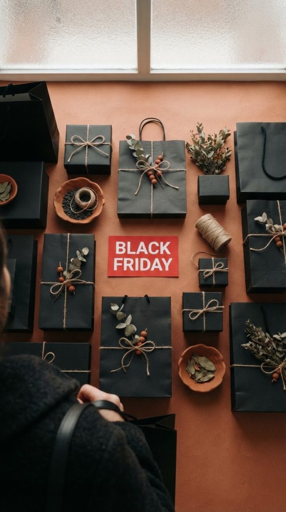 Coleção de presentes e sacos pretos decorados com cordas e folhas, sinal vermelho Black Friday.