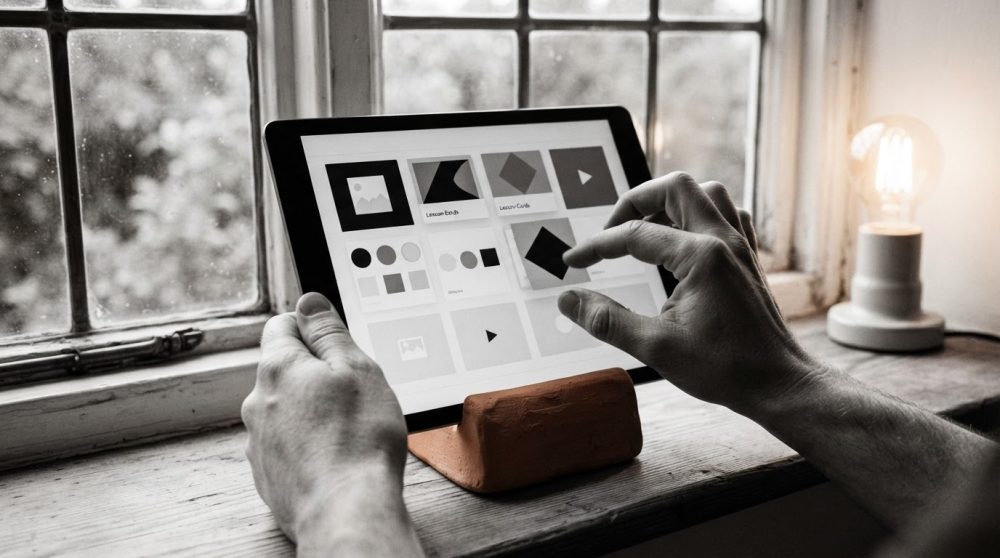 Mãos a usar tablet com ícones digitais numa janela com luz suave e lâmpada acesa ao lado